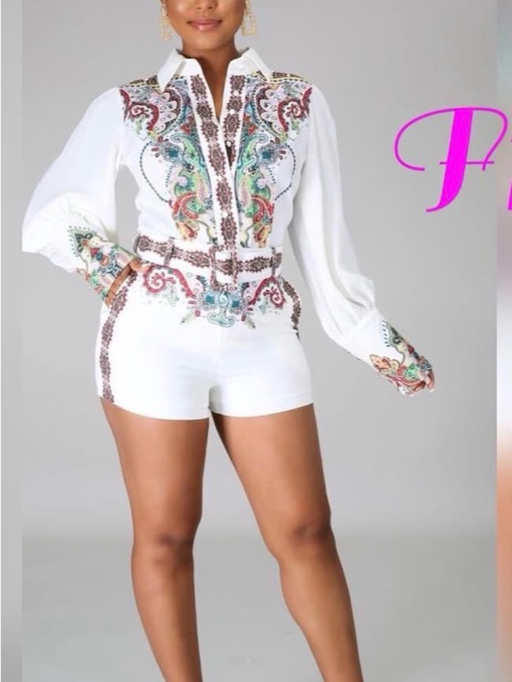 Embellished White Paisley Button-Front Women's Top